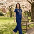 thumbnail image 5 of Womens 2 Piece Outfits Short Sleeve Cotton Linen Embroidered Shirts Wide Leg Capri Pants with Pockets Matching Sets, 5 of 6
