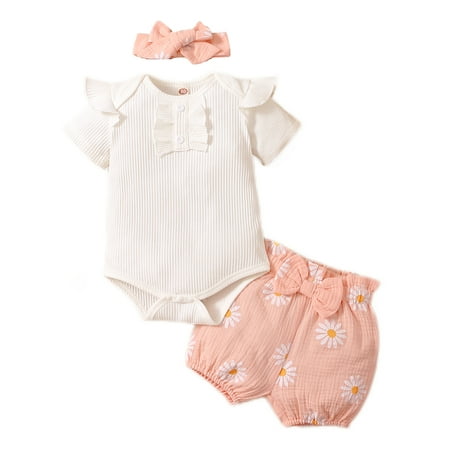 

Mikrdoo Newborn Baby Girls Outfit 9-12M Short Sleeve Romper Bodysuit Daisy Print Shorts Headband 3PCS Shorts Set