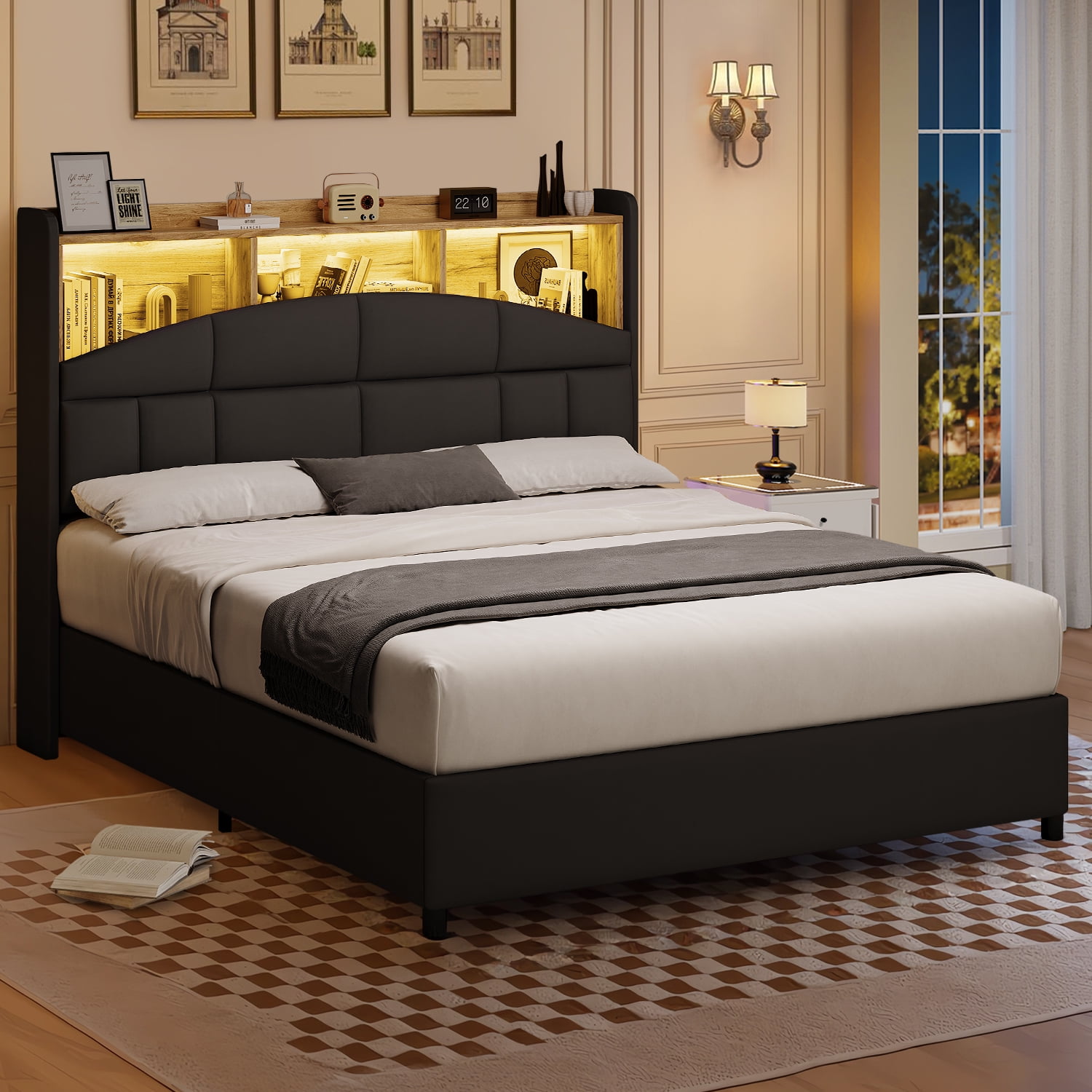 4 EVER WINNER Full Bed Frame with Storage Headboard, Velvet Upholstered Platform Bed Frame with LED Light, Black