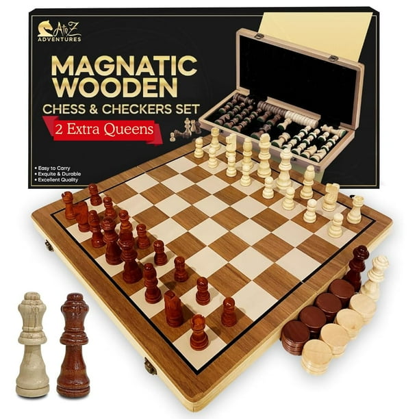 Juego de ajedrez y damas, plegable, de madera, 2 en 1, 15 cm