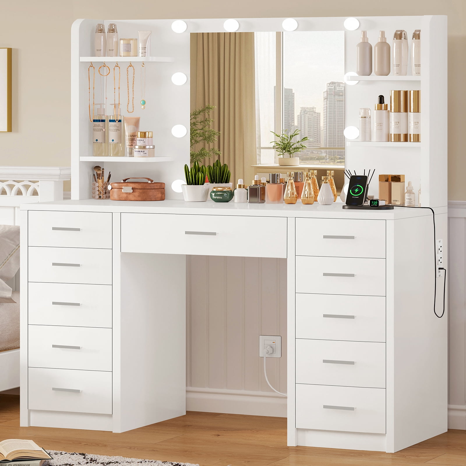 TEENFON Vanity Set with Mirror and Lights, Makeup Vanity with Power Outlet, 11 Drawers, 4 Shelves and 5 Jewel Hooks, Vanity Table For Bedroom, White