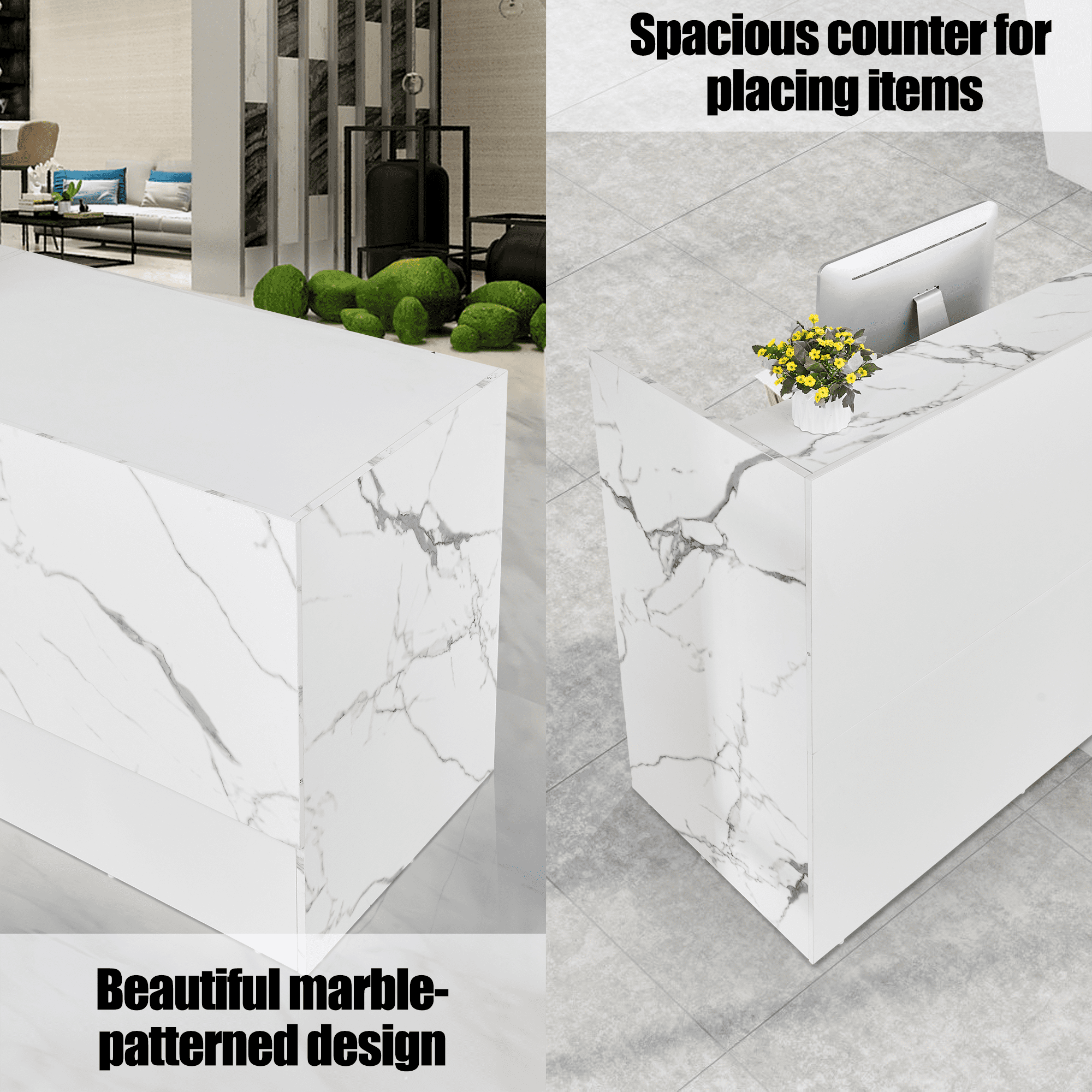 Haooyeah 86.8" Reception Desk with Lockable Drawer, Keyboard Tray, Storage Shelves & Cable Management, Marble Front Counter for Office, Hotel Lobby, Meeting Room