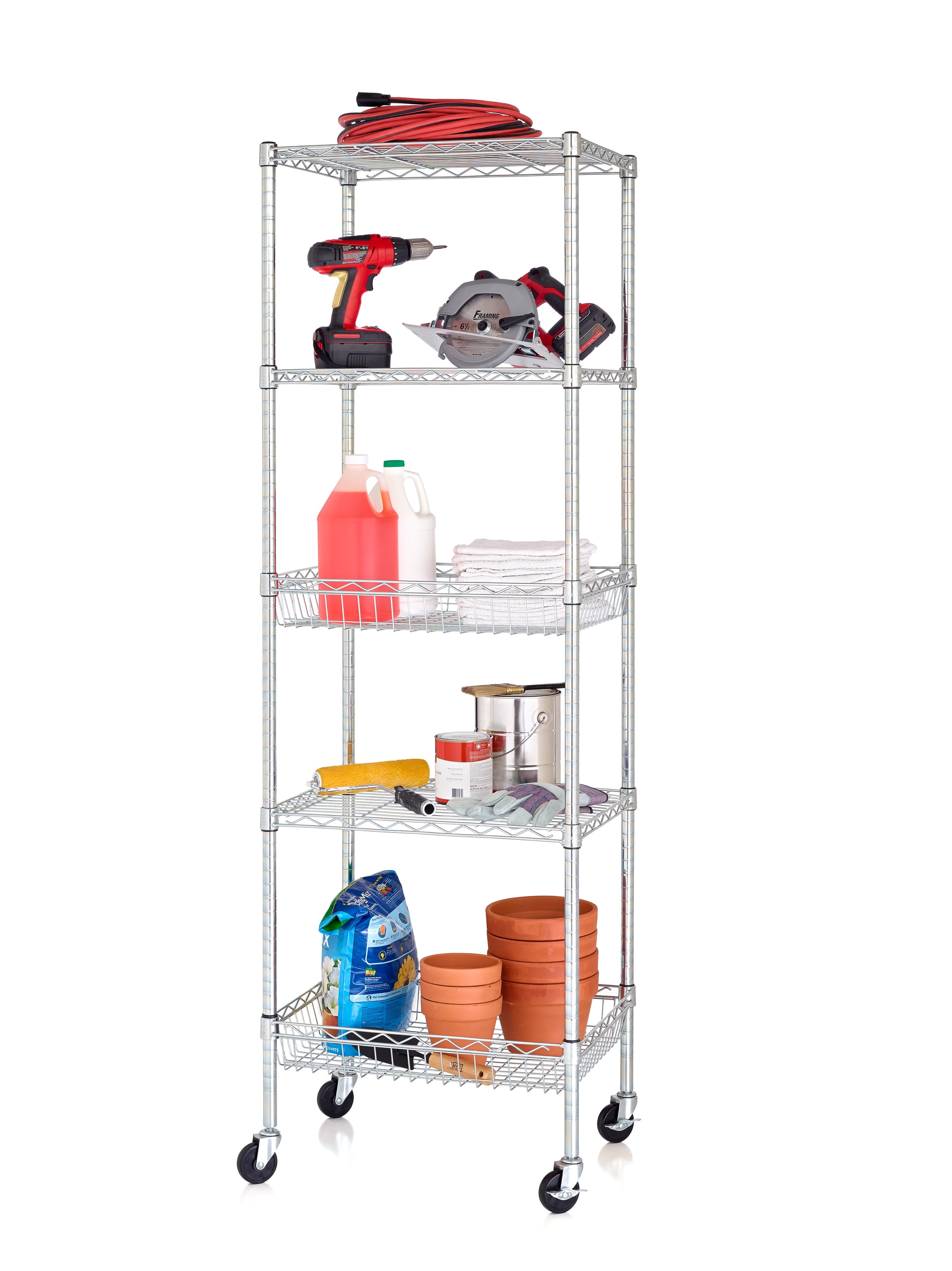5 Tier Wire Shelving Tower Rack, 5 Tier Metal Shelving With Wheels