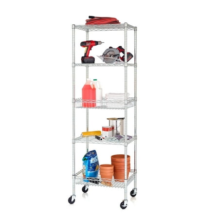 HSS 5 Tier Wire Shelf Unit With 3" Casters 18"Dx24"Wx75" Chrome, Capacity 500 lbs
