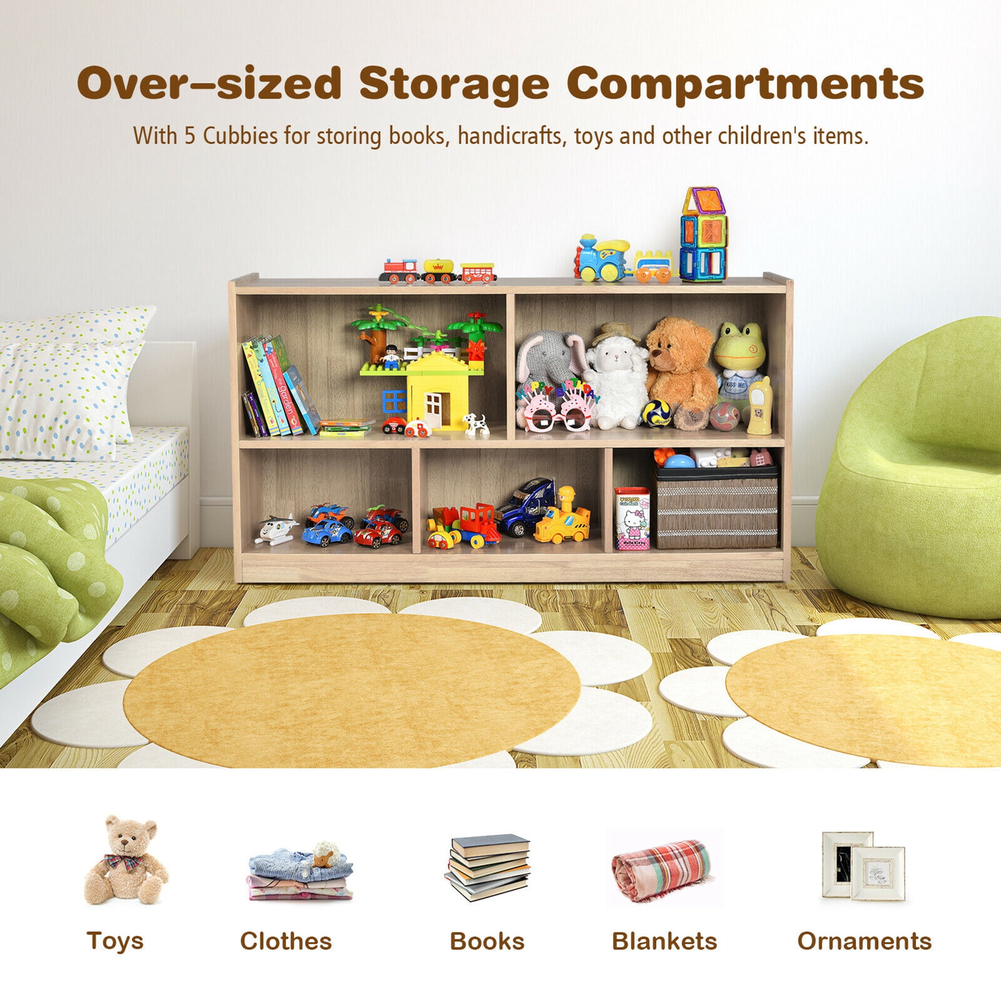 Gymax Kids 5-Cube Storage Cabinet 2-Shelf Wood Bookcase Organizer Natural