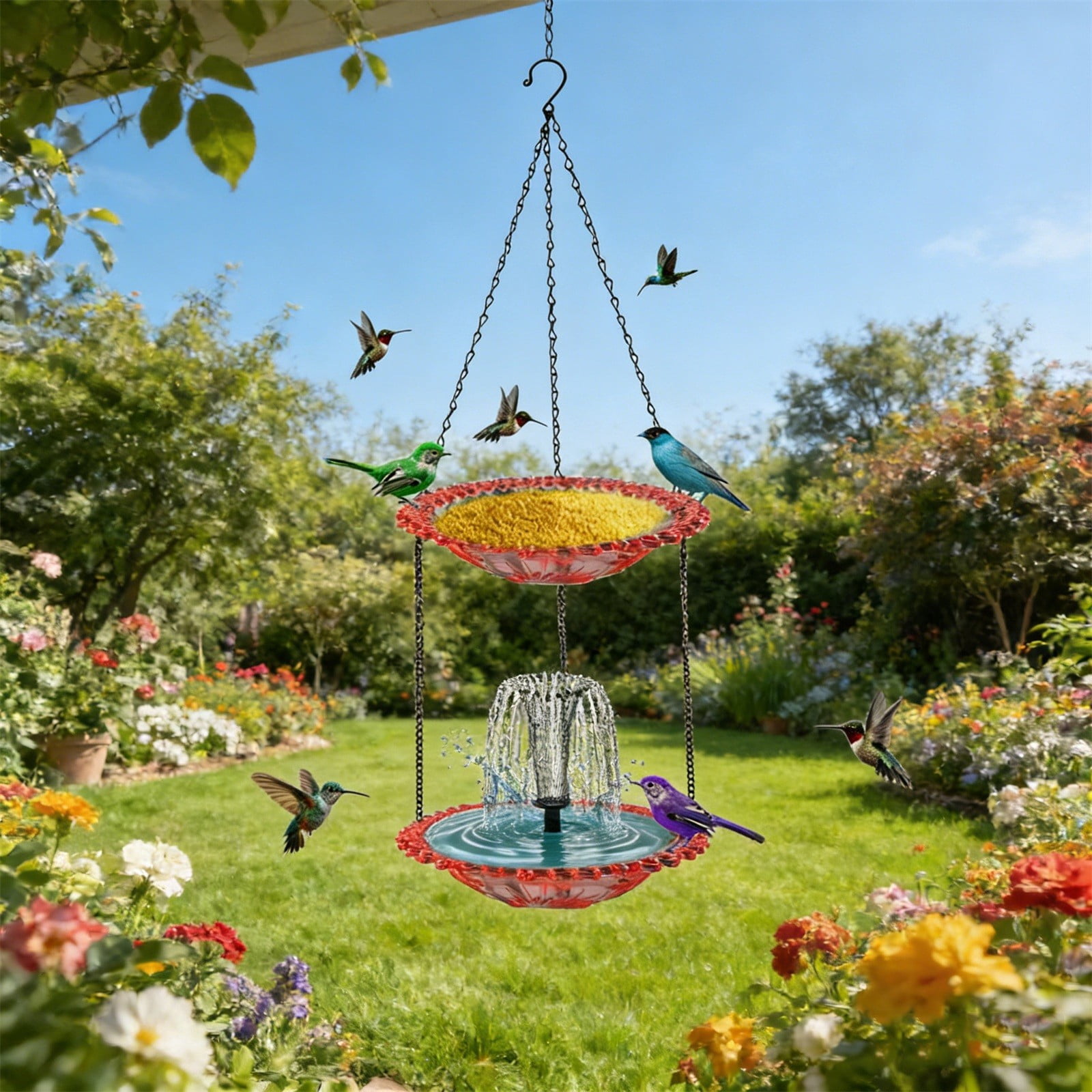 Hanging Solar Bird Bath Fountain, Solar Powered Cascading Outdoor Water Fountain, Hanging Bird Bath with Water for Outdoors Garden Patio Backyard Lawn Decor