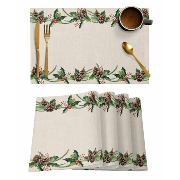 Vintage Pine Cone Placemats Set of 12 Green Leaf Winter Plant Christmas Pastoral Heat Insulation Washable Place Mats, Rustic Non-Slip Table Mats for Dining Table Party Kitchen Decor,13x19 Inch