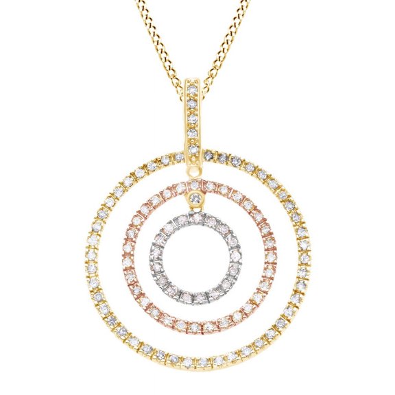 AFFY Round Cut White Natural Diamond Three Tone Circle Pendant Necklace In 14k Yellow Gold (0.75 Cttw)