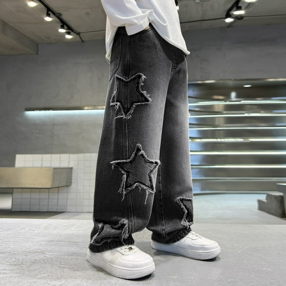 Boys Casual Star Patch Straight Leg Wide Fit Jeans For Kids Comfortable Elastic Waist Summer Pants For Daily Wear With Sneakers Age 4 13 Years Cozy Boys Pants Black 8-10 Years