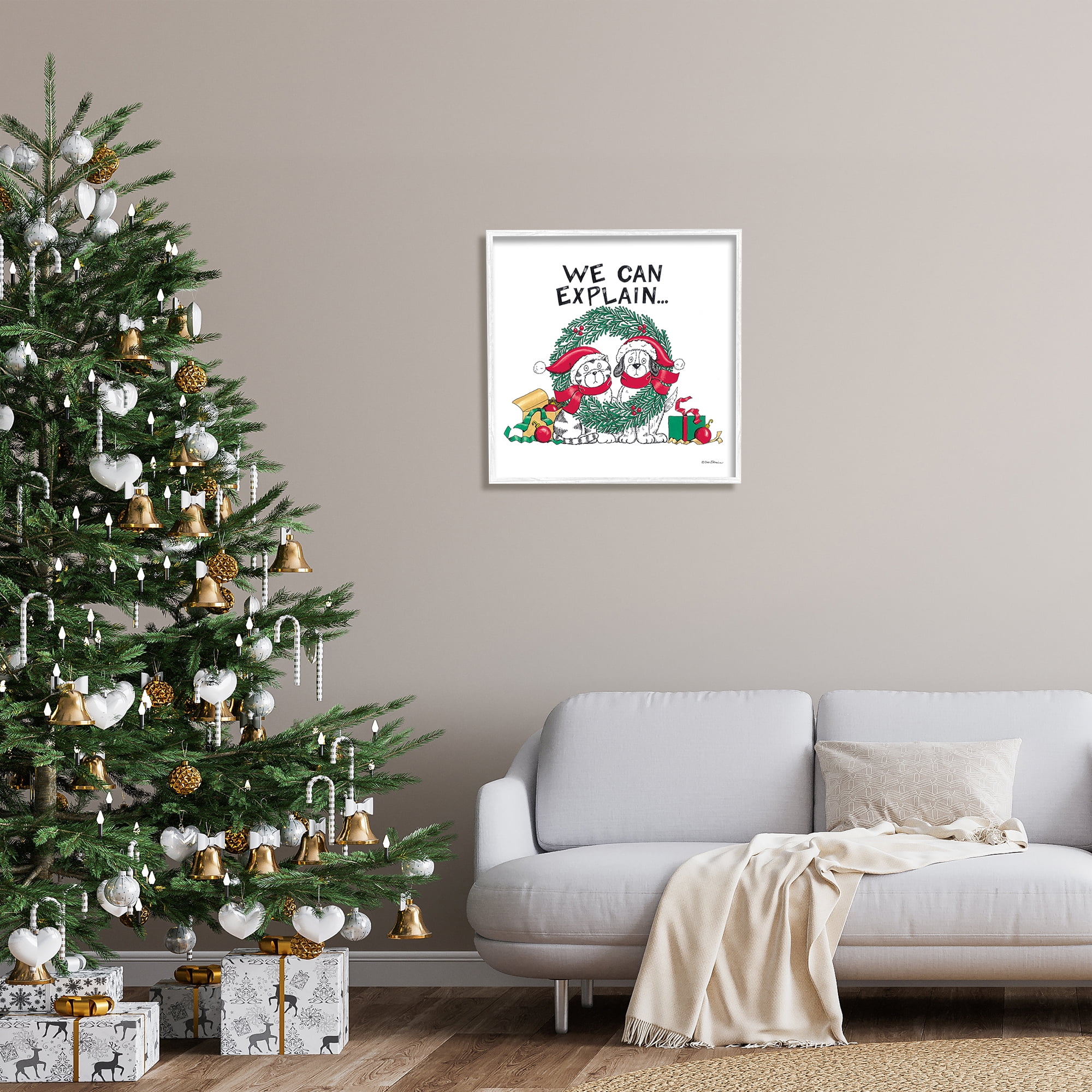Stupell Industries Cat & Dog Christmas Humor Holiday Painting White Framed Art Print Wall Art, 24 x 24