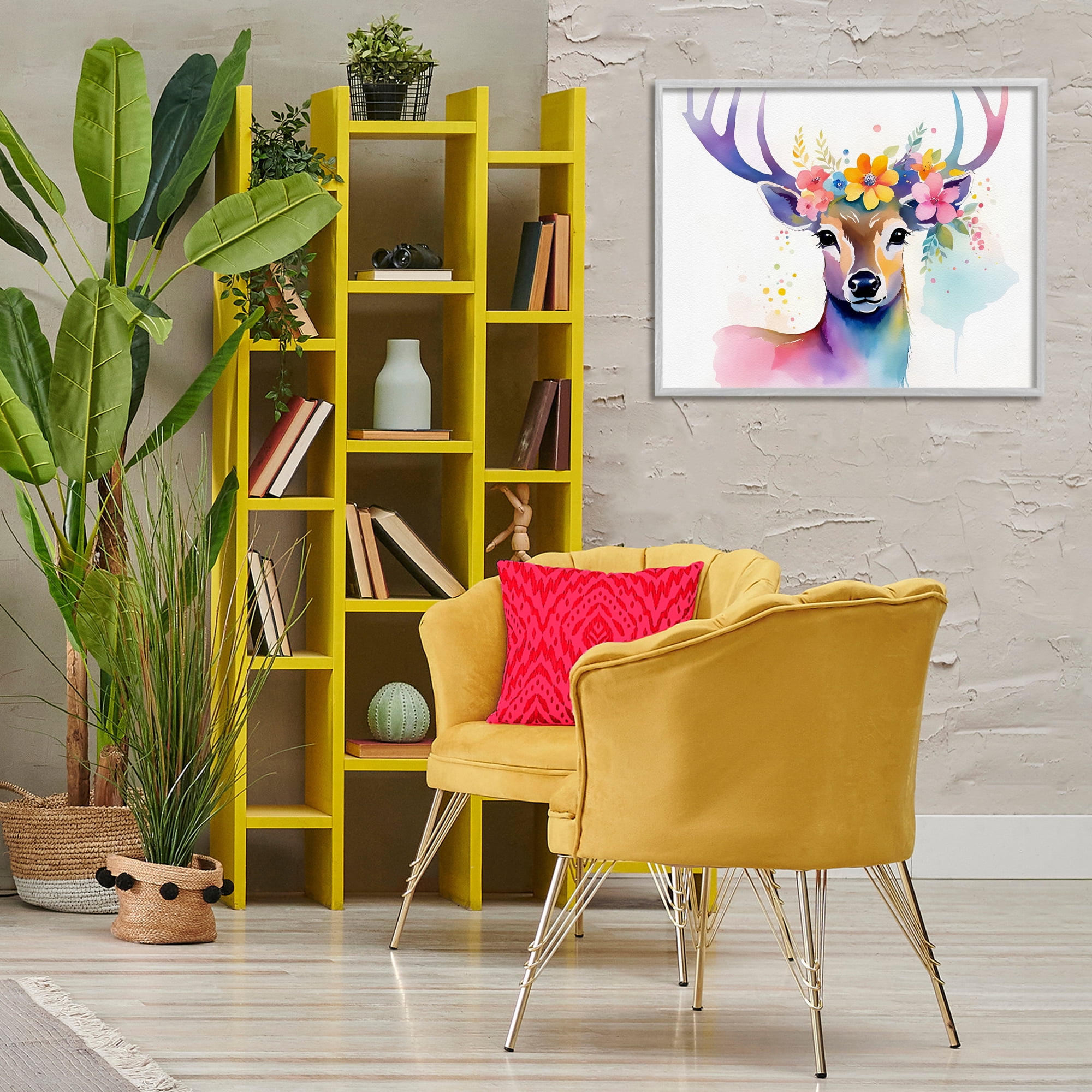 Stupell Industries Floral Garland Deer Animals & Insects Painting Gray Framed Art Print Wall Art, 30 x 24