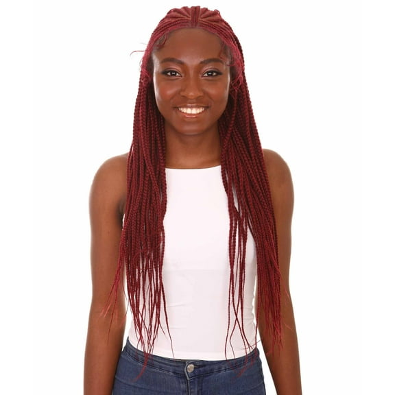 LUXLUXE Viola Straight 31 inch Long 13X5 Hand-Tied Lace Braided Wig, Heat Resistant Fiber, Color-Burgundy.