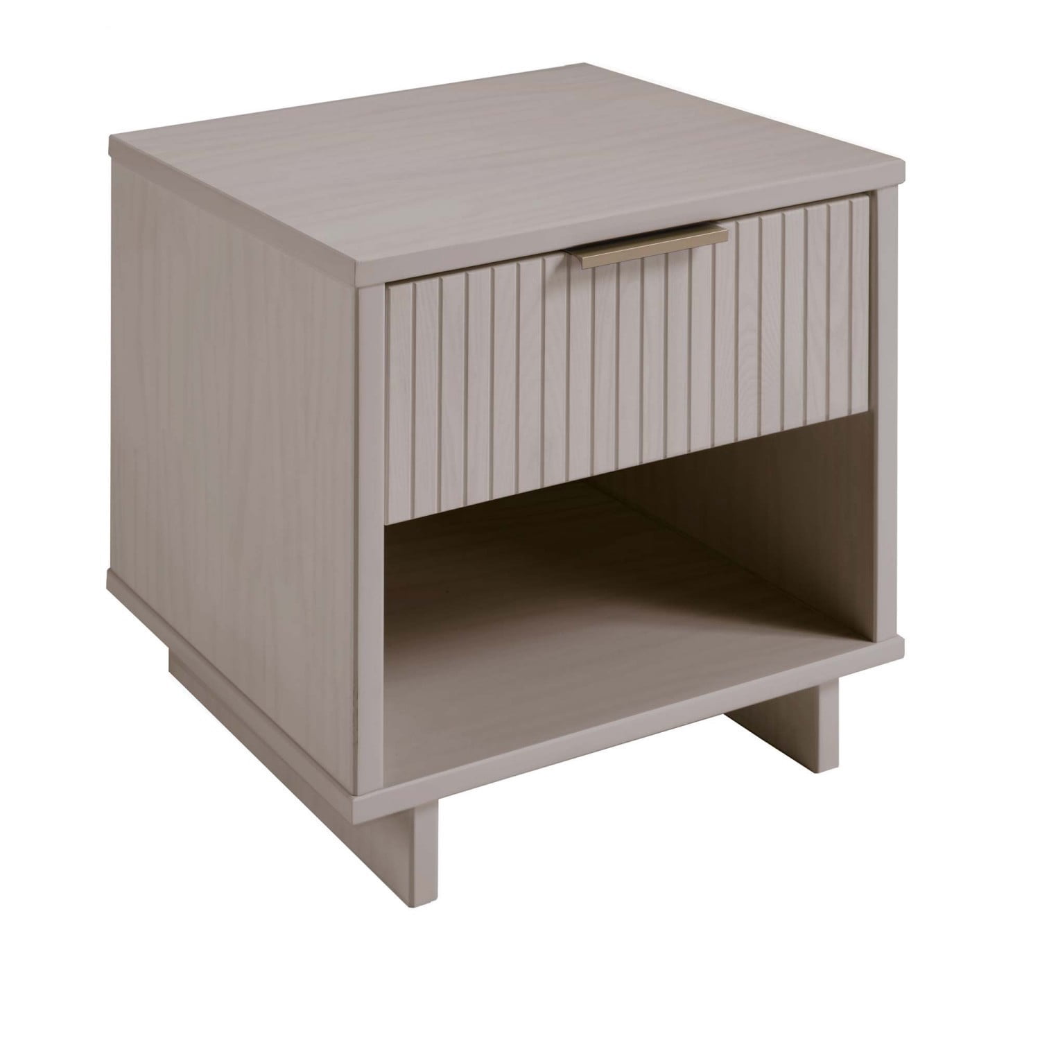 Light Gray Nightstand, Modern Contemporary Bedside Table with 1 Drawer, Solid Wood Ribbed Drawer Front and Gold Handle, Glam Storage End Table for Bedroom Living Room