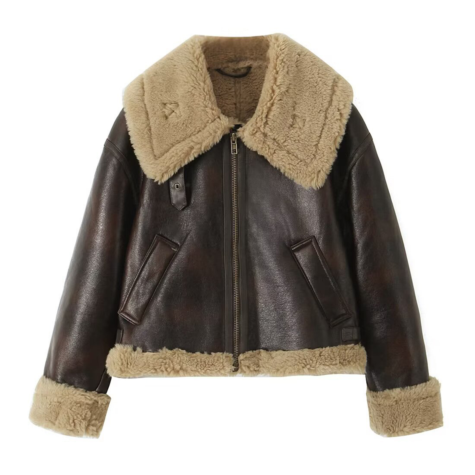 NANAIQ Leather Jackets For Women Women's Bomber Jacket Womens Fall Clothes Zip Up Faux Leather Coat Fur-Collar Warm for Winter Christmas, Brown, M