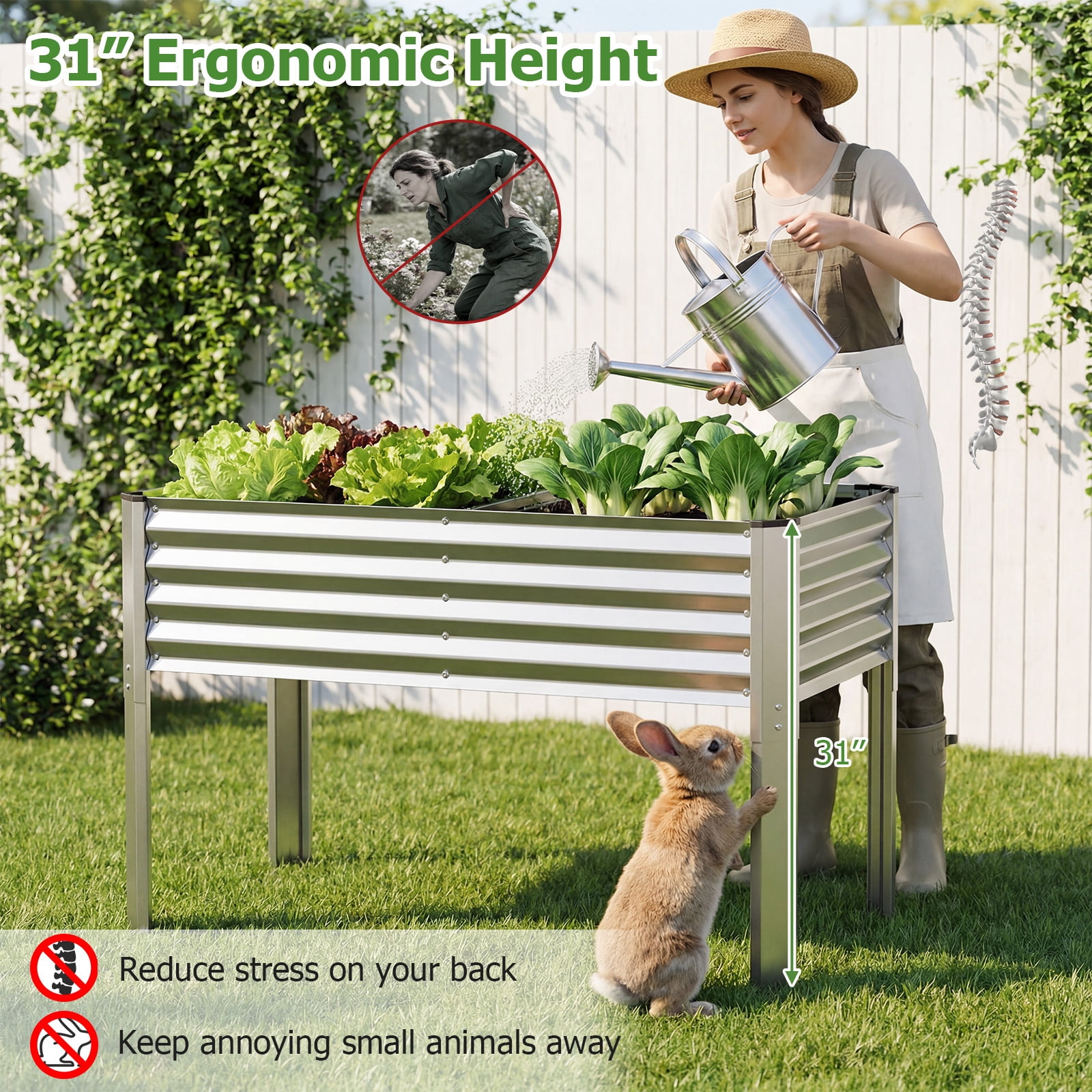 Costway 2 PCS Galvanized Raised Garden Bed with Legs, Metal Elevated Planter Box for Flowers Sliver