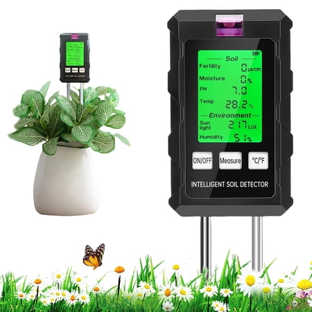 Katinyos Soil Moisture Meter, 6-in-1 Soil Test Kit with Backlight LCD Screen, Soil Tester with Dual Probe for Fertility/Moisture/PH/Temperature/Sunlight/Humidity