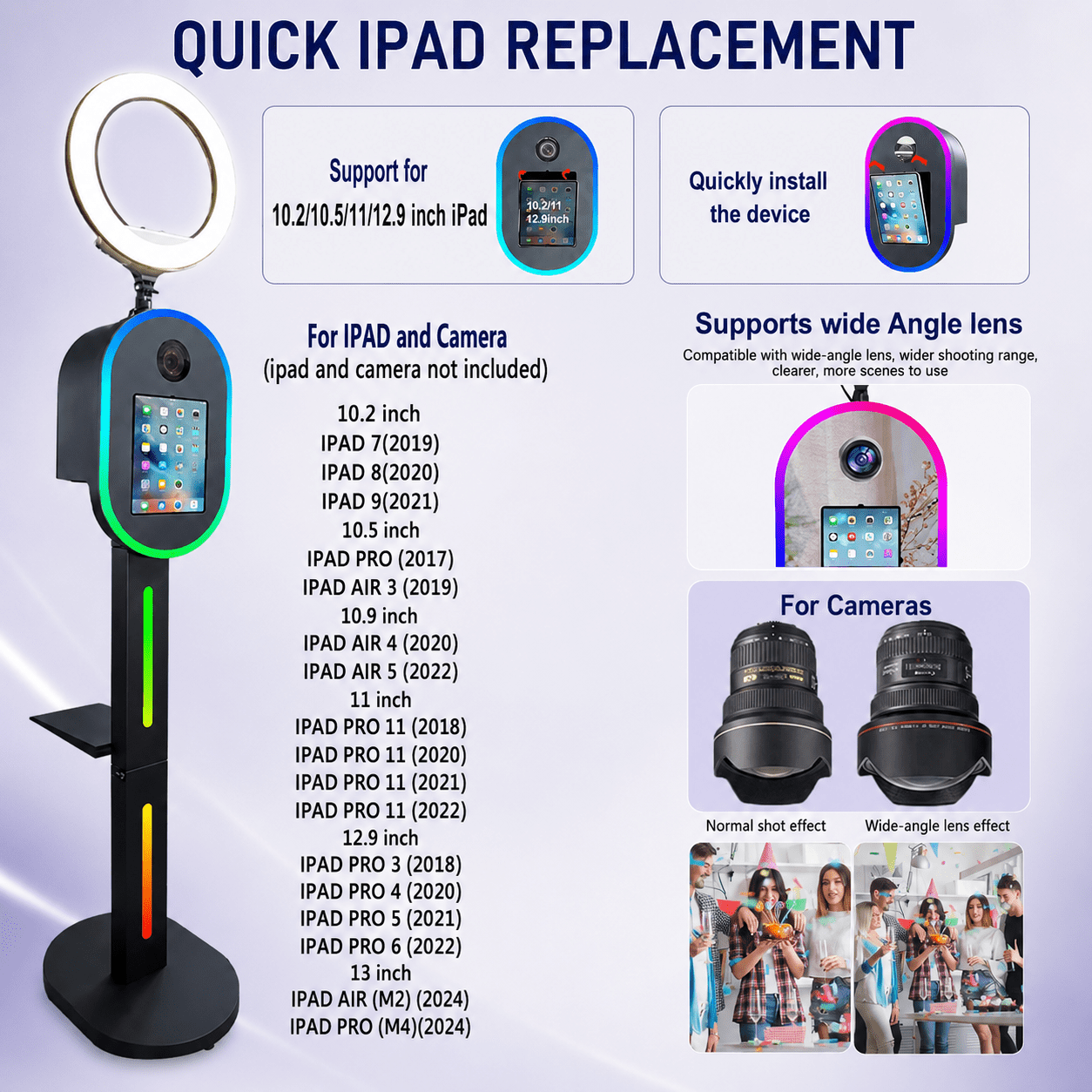 2-in-1 Photo Booth for iPad 10.2" 10.9" 11" 12.9" and DSLR Camera, RGB Ring Light Selfie Station with Music Sync, Custom Logo Light Box and Flight Case for Event Rental Business
