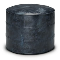 Simpli Home Connor Boho Round Pouf in Navy Blue Genuine Leather