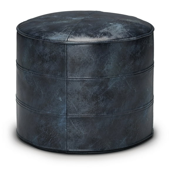 Simpli Home Connor Boho Round Pouf in Navy Blue Genuine Leather