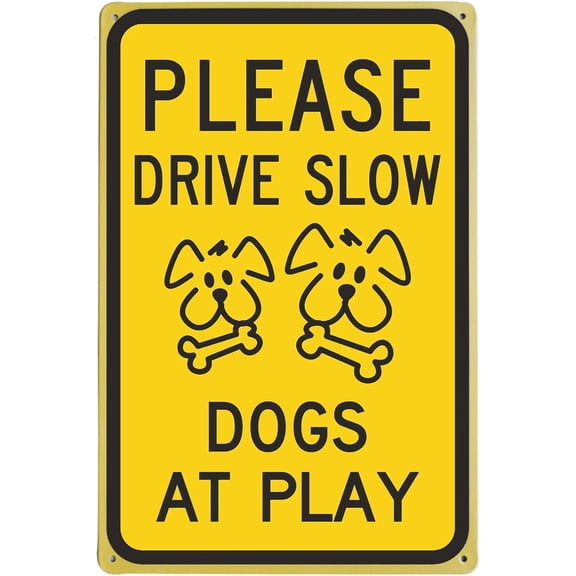 Drive Slow Dogs at Play Metal Warning Sign 8x12 Inch Outdoor Yard Safety Decor