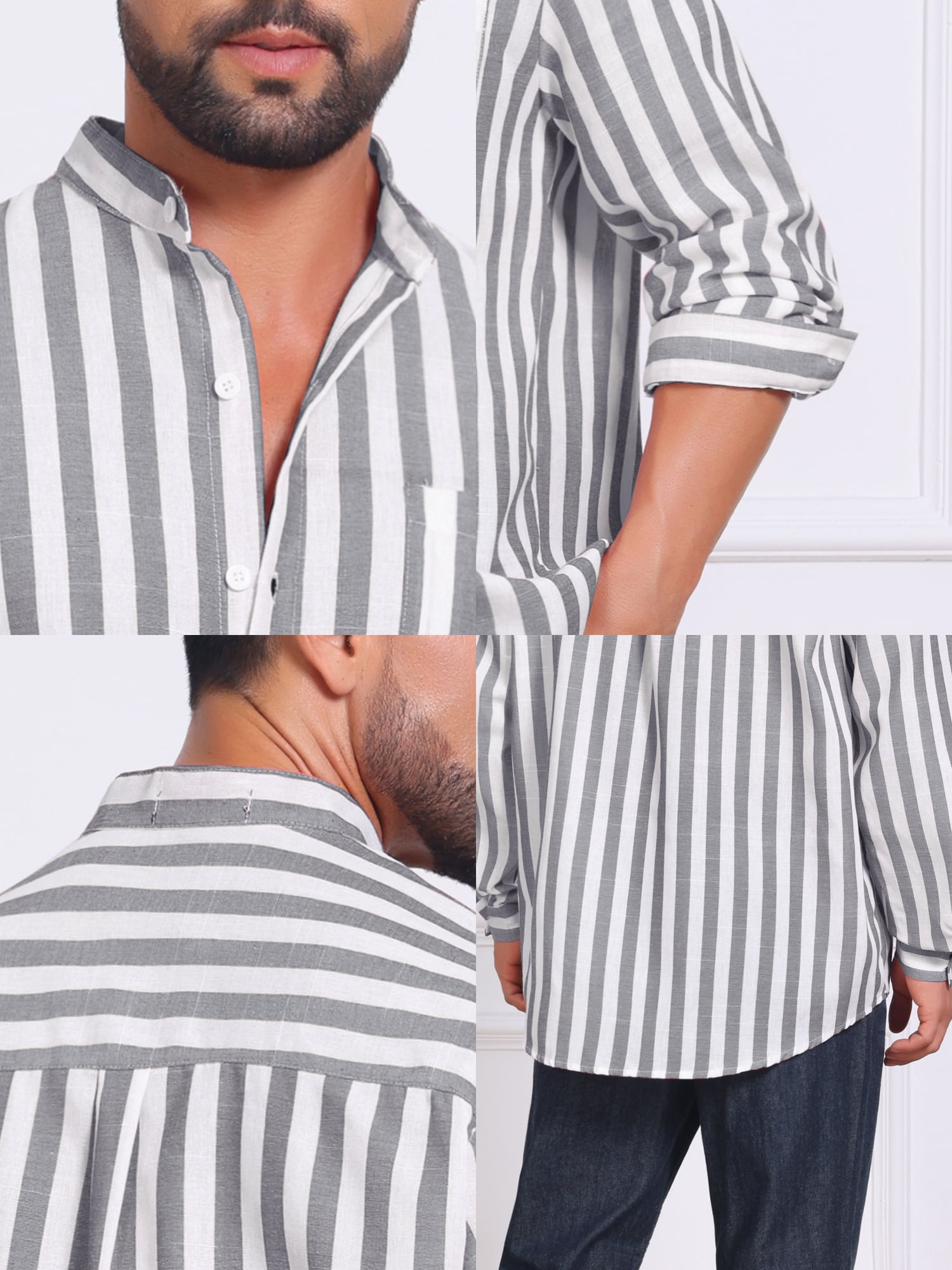 DARING DIVA Men's Striped Stand Collar Long Sleeve Button Down Shirt L Gray