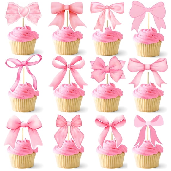 96 Pack Pink Bow Cupcake Toppers – Elegant Dessert Picks for Birthday, Wedding & Baby Shower, Multiple Designs, Disposable Paper Cake Decorations for Bow‑Themed Parties