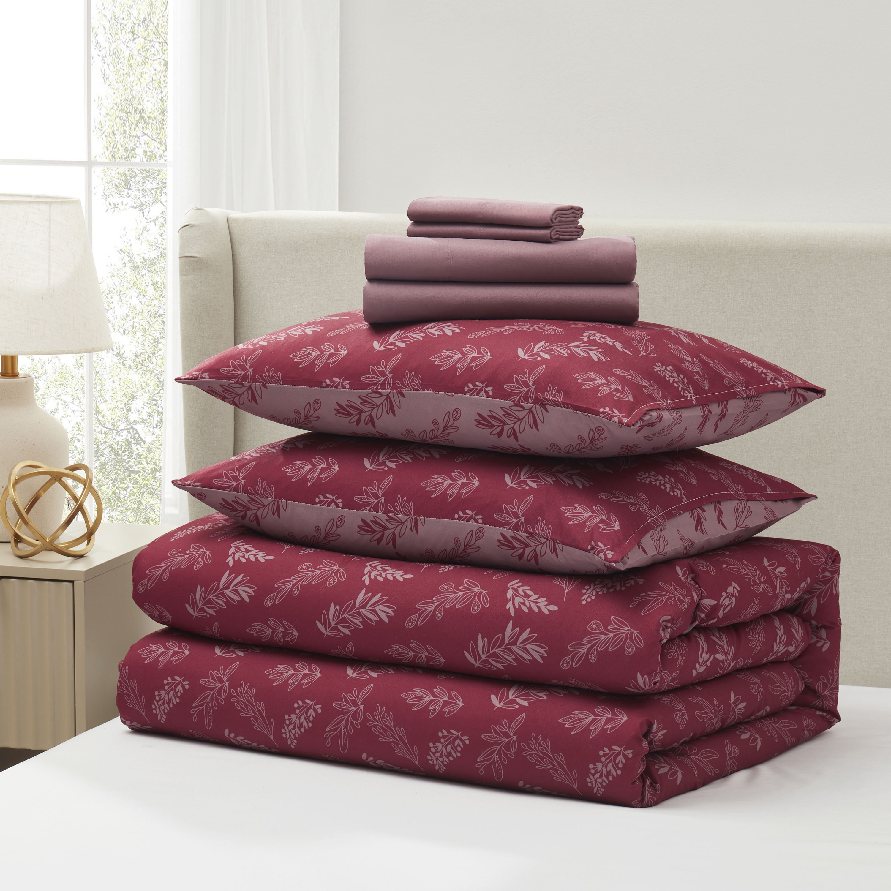 LammaLoe Queen Comforter Set, 7 Piece Botanical Bed in a Bag, Reversible Bedding Comforter Set with Sheets, Modern Queen Bed Set, Mulberry/Smoky Lavender