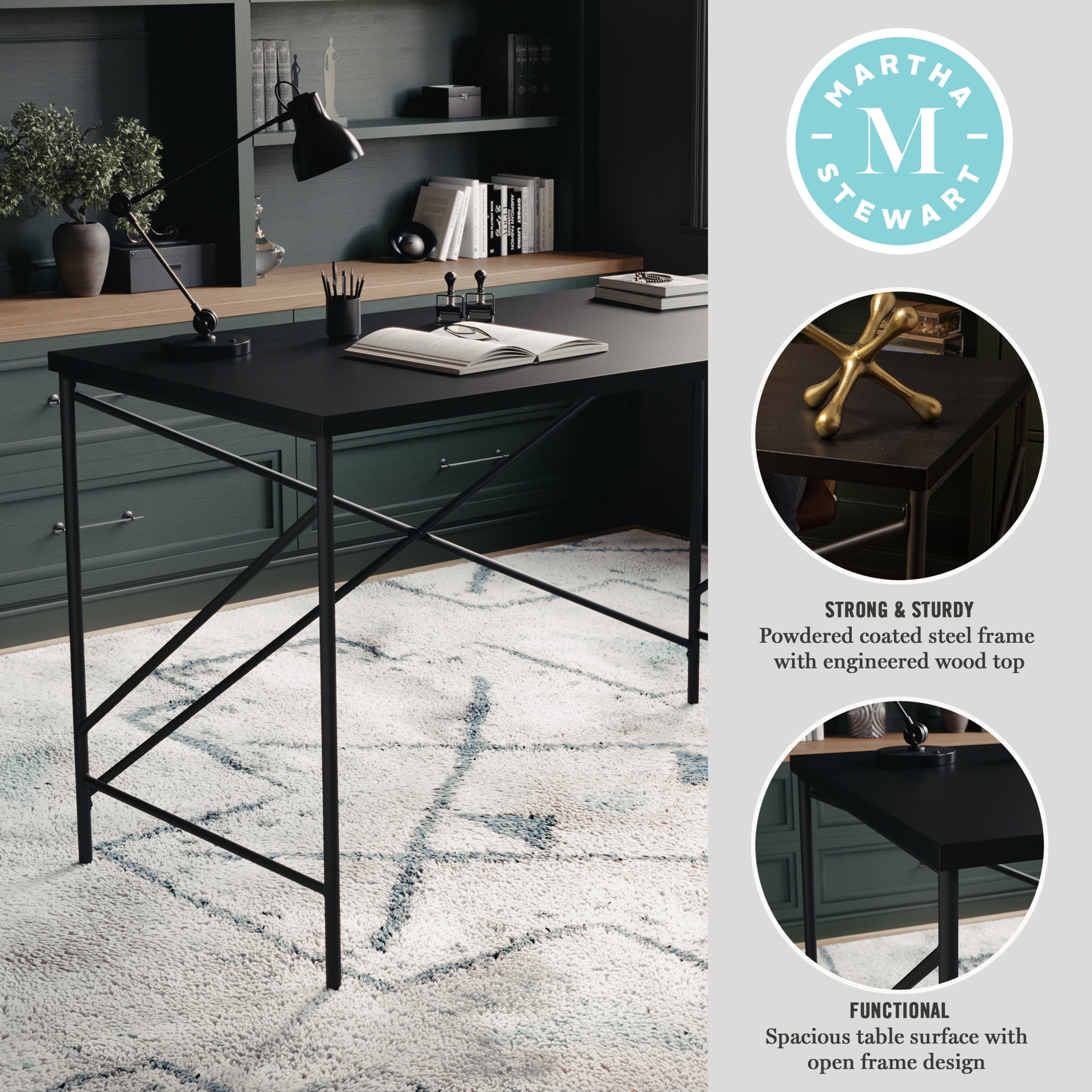 Martha Stewart Maddox Home Office Parsons Desk in Black Wood Grain with Oil Rubbed Bronze Metal X-Frame