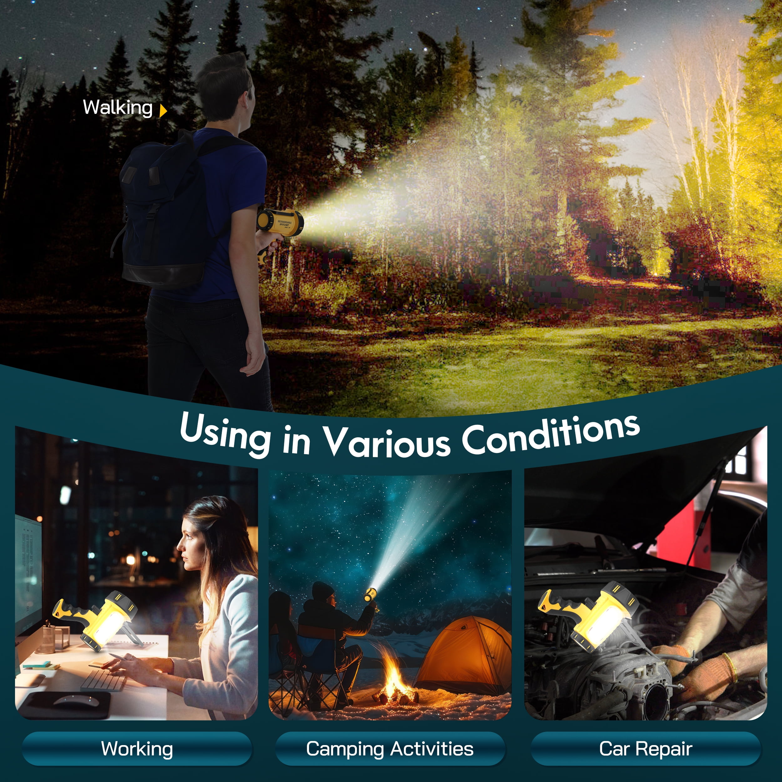 YTAKY Flashlight 1000000 Lumen, 2 Pack, Spotlight Rechargeable, 10000mAh Battery, IP67 Waterproof for Outdoor Camping, with Foldable Stand