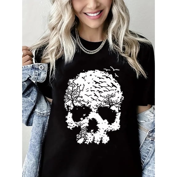 Skeleton Print Halloween Short Sleeve Shirt for Women