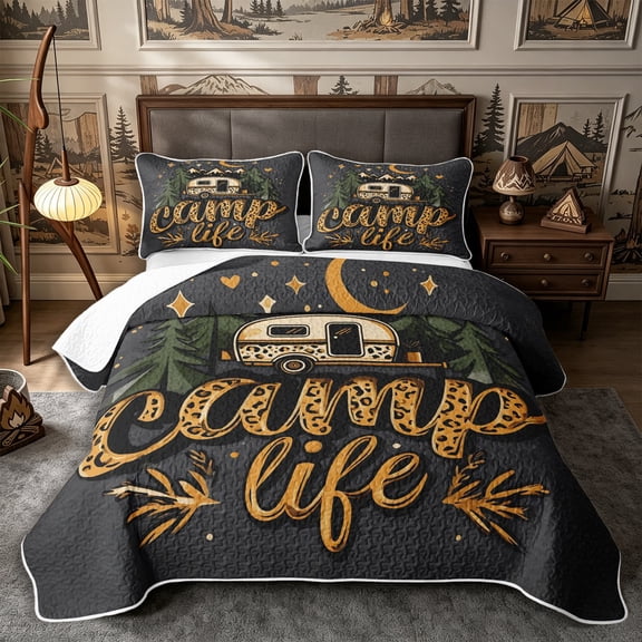 Manfei Cartoon Car Twin Quilt Set 2 Pieces,Kawaii Camping Camper Twin Coverlet Set,Dark Gray Tan,1 Bedspread and 1 Pillowcase