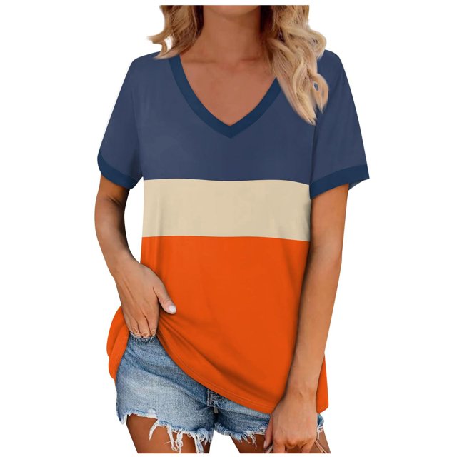Timegard Summer Top for Women V Neck Short Sleeve Casual Tunic Top Comfy Color Block Drop Shoulder Blouse