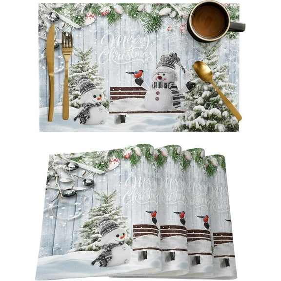 Merry Christmas Placemats Set of 4, Xmas Snowman Snowy Pine Tree Heat Resistant Washable Table Place Mats Blue Winter Cotton Table Linens Party Holiday Decor for Kitchen Dining Outdoor Indoor