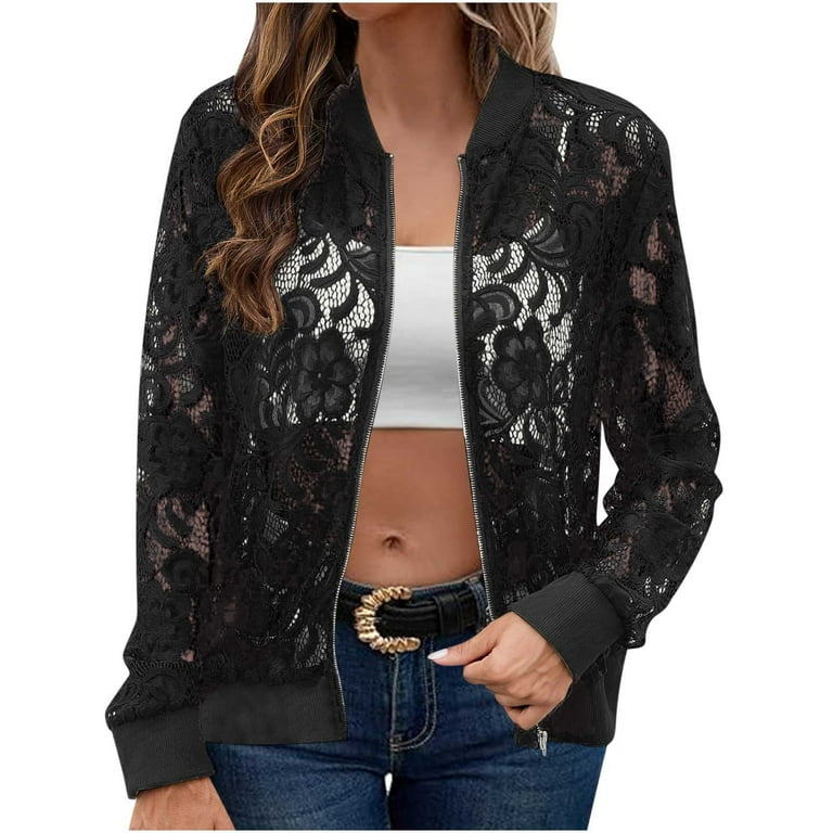 Solid Color Lace Long Sleeve Zip Jacket Solid Color Lace Long Sleeve Zip Jacket