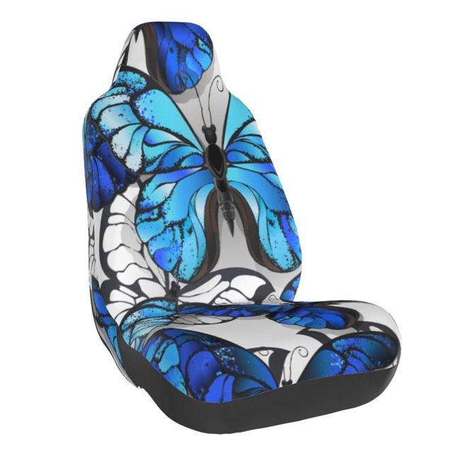 Wukai Blue and White Butterflies Full Set Car Seat Covers with Soft Padding Universal Auto Front Seats Protector and Cushion Mat