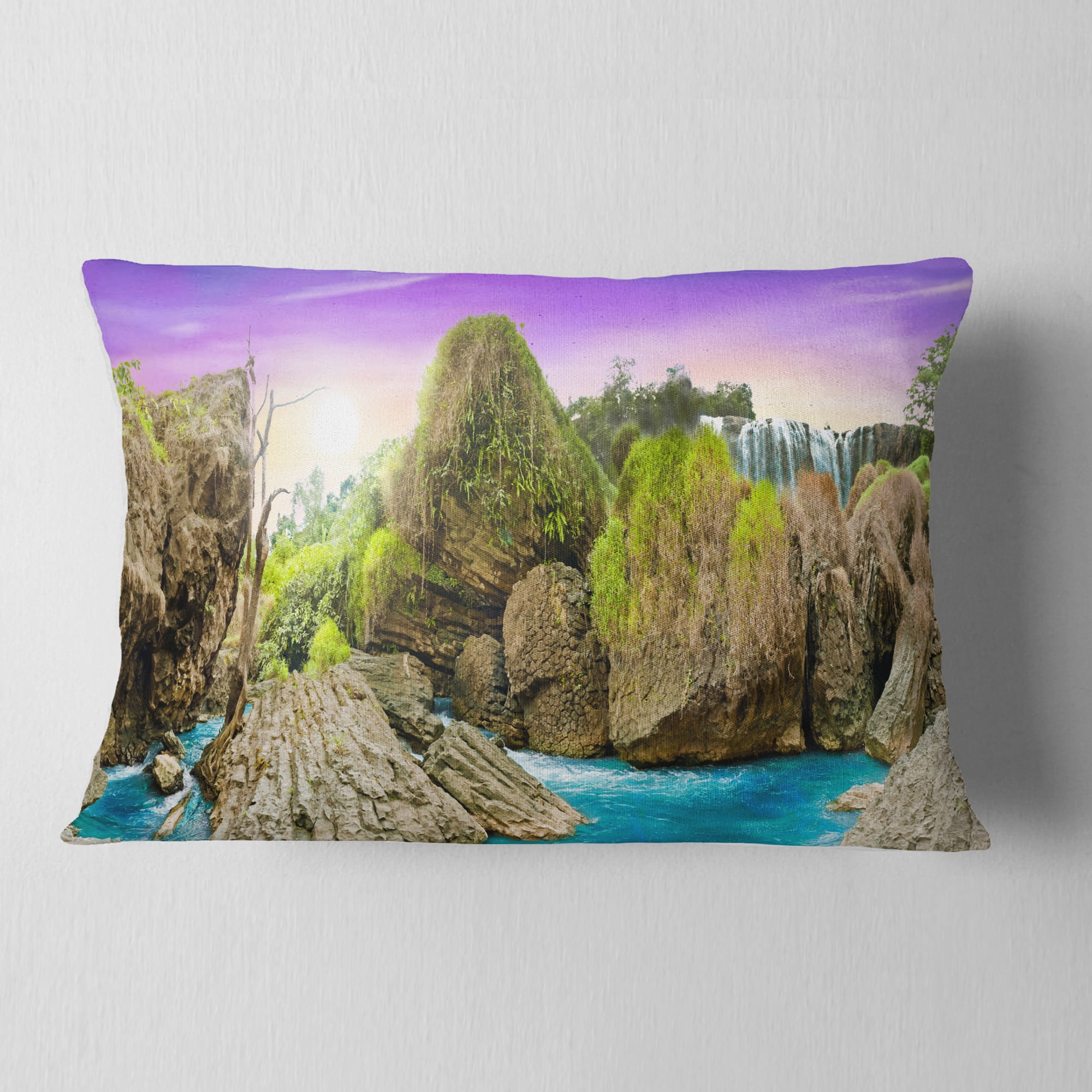 Designart Wild Forest and Waterfall Vietnam - Landscape Printed Throw Pillow - 12x20