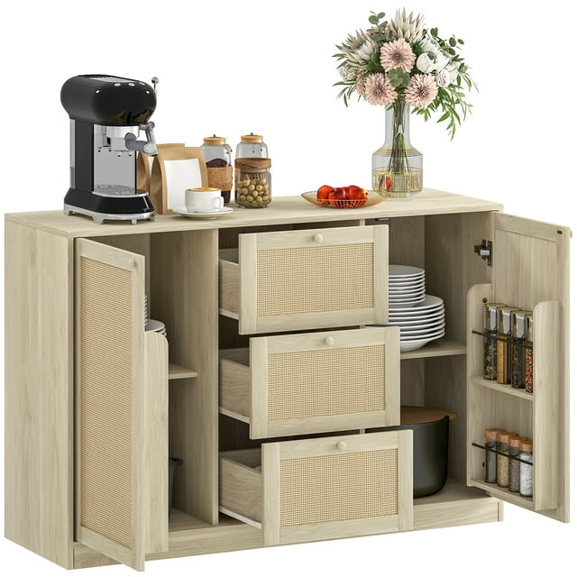 HOMCOM Buffet Bahut Boho, Armoire de Bar à Café de Cuisine, Naturel