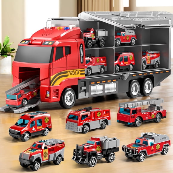 Juego de camiones de bomberos de juguete con tapete de juego para niños pequeños de 3 a 5 años