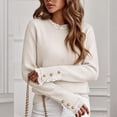 thumbnail image 5 of Dpjklzsn Women's Cotton Knit Crewneck Sweater, Lace Trim Long Sleeve Pullover with Decorative Button Cuffs, 5 of 9