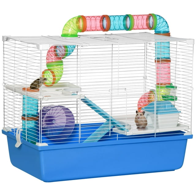 PawHut Cage pour Hamster à 3 Niveaux de 23 Pouces, avec Roue et Bouteille d'Eau, Bleu