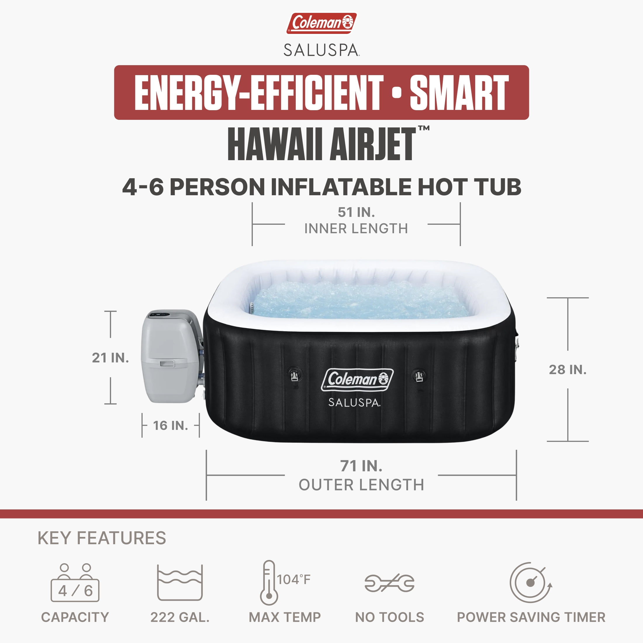 Coleman Hawaii 4-6 Person AirJet Inflatable Hot Tub with EnergySense Cover, Black, 71"x28"