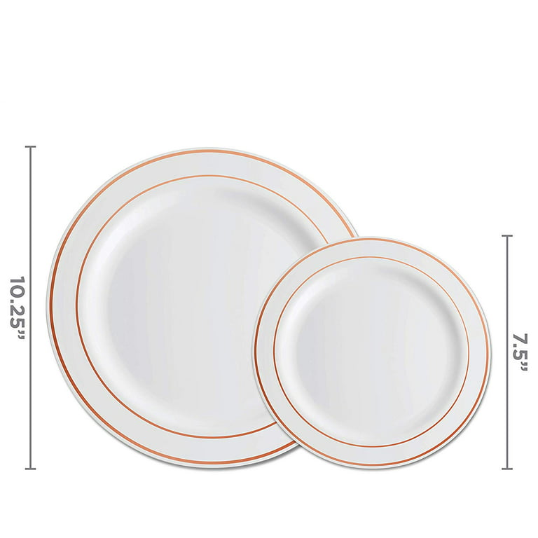 Focus Line 102 Piece Plastic Party Plates White Gold Rim, Disposable Heavy Duty Wedding Plates, 51pcs 10.25 inch Gold Rim Dinner Plates and 51pcs