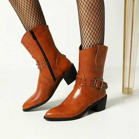 

Women S Leather Ankle Boots Block Heel Fashion Studded Ankle Strap Zipper Punk Boots(Heel Height 5.5Cm Barrel Height 40Cm)