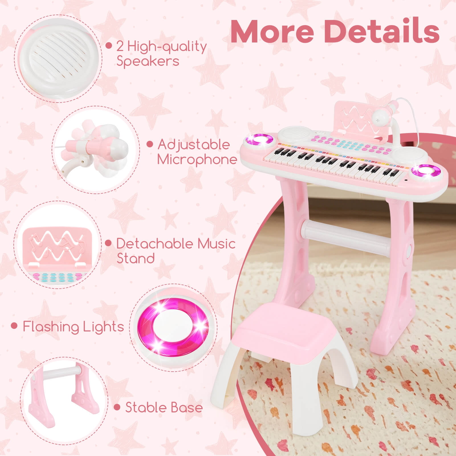 Costway 37-Key Kids Piano Keyboard Playset Electronic Organ Light Pink