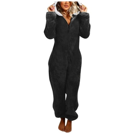 

Dtydtpe pajamas for women Women s Artificial Wool Long Sleeve Pajamas Casual Solid Color Zipper Loose Hooded Jumpsuit Pajamas Casual Winter Warm Rompe Cute Ears Sleepwear Black