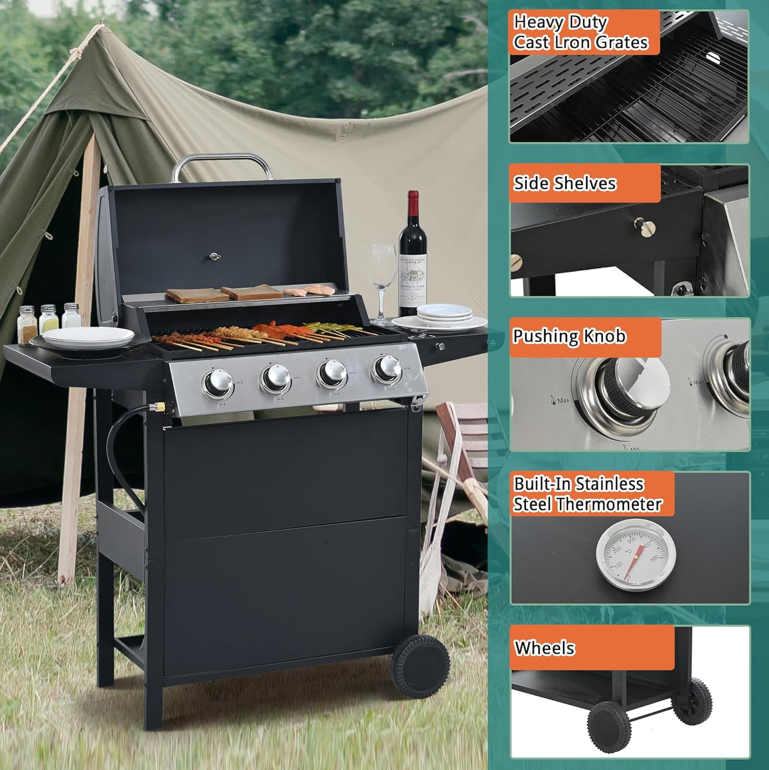 Aminy 4 Burner Propane Gas Grill for Camping, 34,200 BTU Smokeless BBQ Portable Grill with Storage & Side Table, Stainless Steel Gas Grill for Kitchen and Patio Backyard
