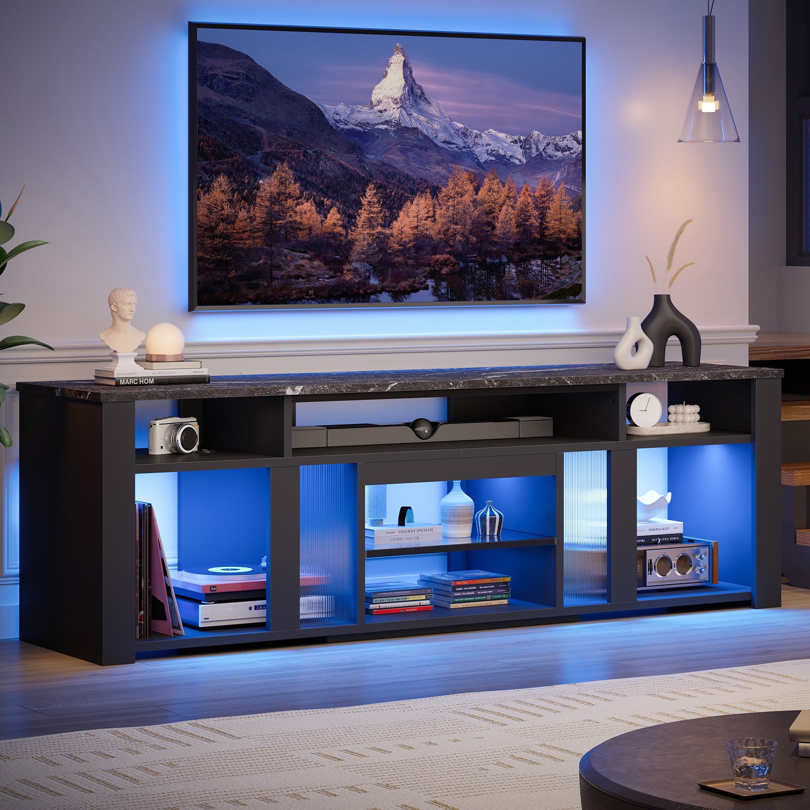 Bestier TV Stand for TVs Up to 85",Modern Entertainment Center for Living Room/Gaming Room,with Deep Storage Cabinet & Adjustable Shelves, Dynamic LED Lights,Black