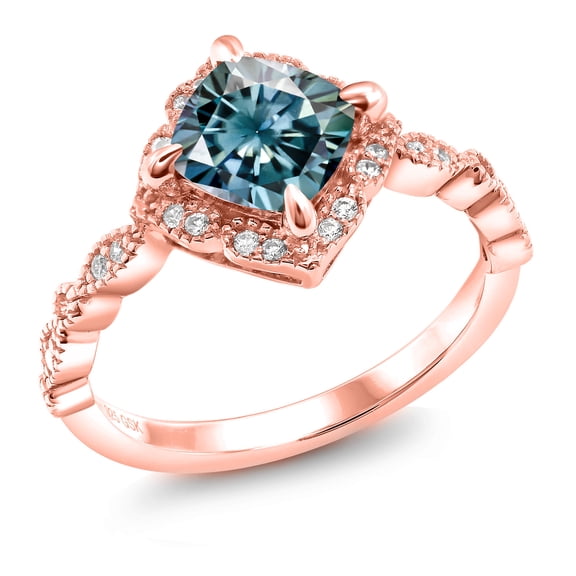 Gem Stone King 18K Rose Gold Plated Silver Ring Cushion Blue and White Moissanite (1.90 Cttw, Size 6)