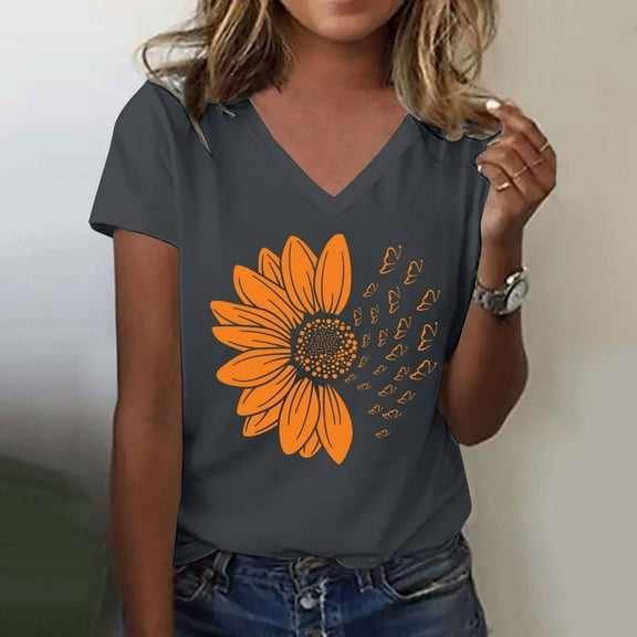 Sweet Home Farm V Neck T Shirts for Women Sunshade Summer Shirt Plus Size Loose Top Girls Short Sleeve Graphic Casual Short Sleeve Shirts for Women Dark Gray