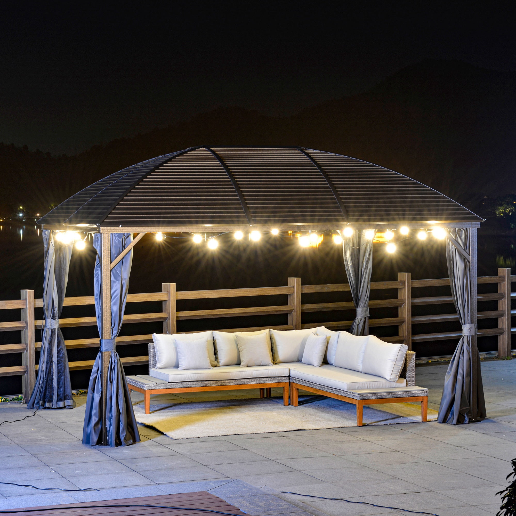 10' x 13' Hardtop Gazebo with Curtains, Netting, Pavilion with Steel Roof Ceiling Hook for Garden Patio, Gray